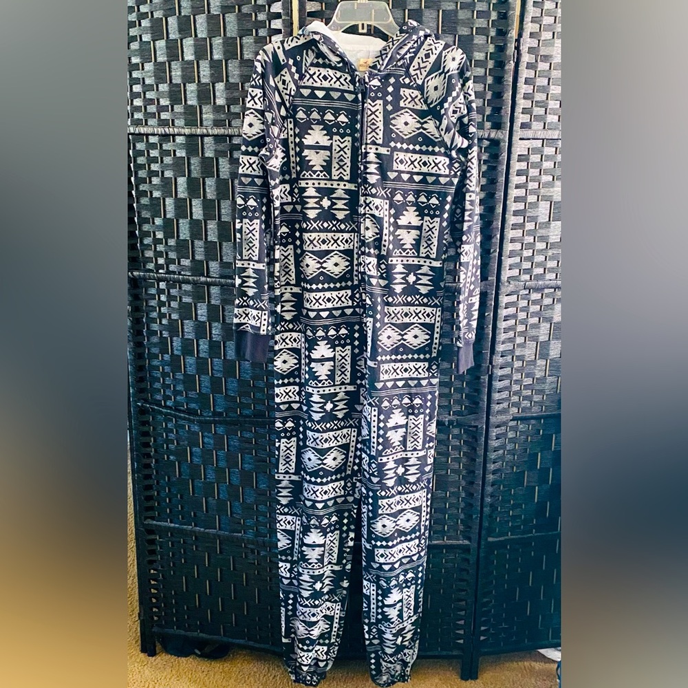 Holister black, white and Gray print Onesie with hoodie and ears, footless